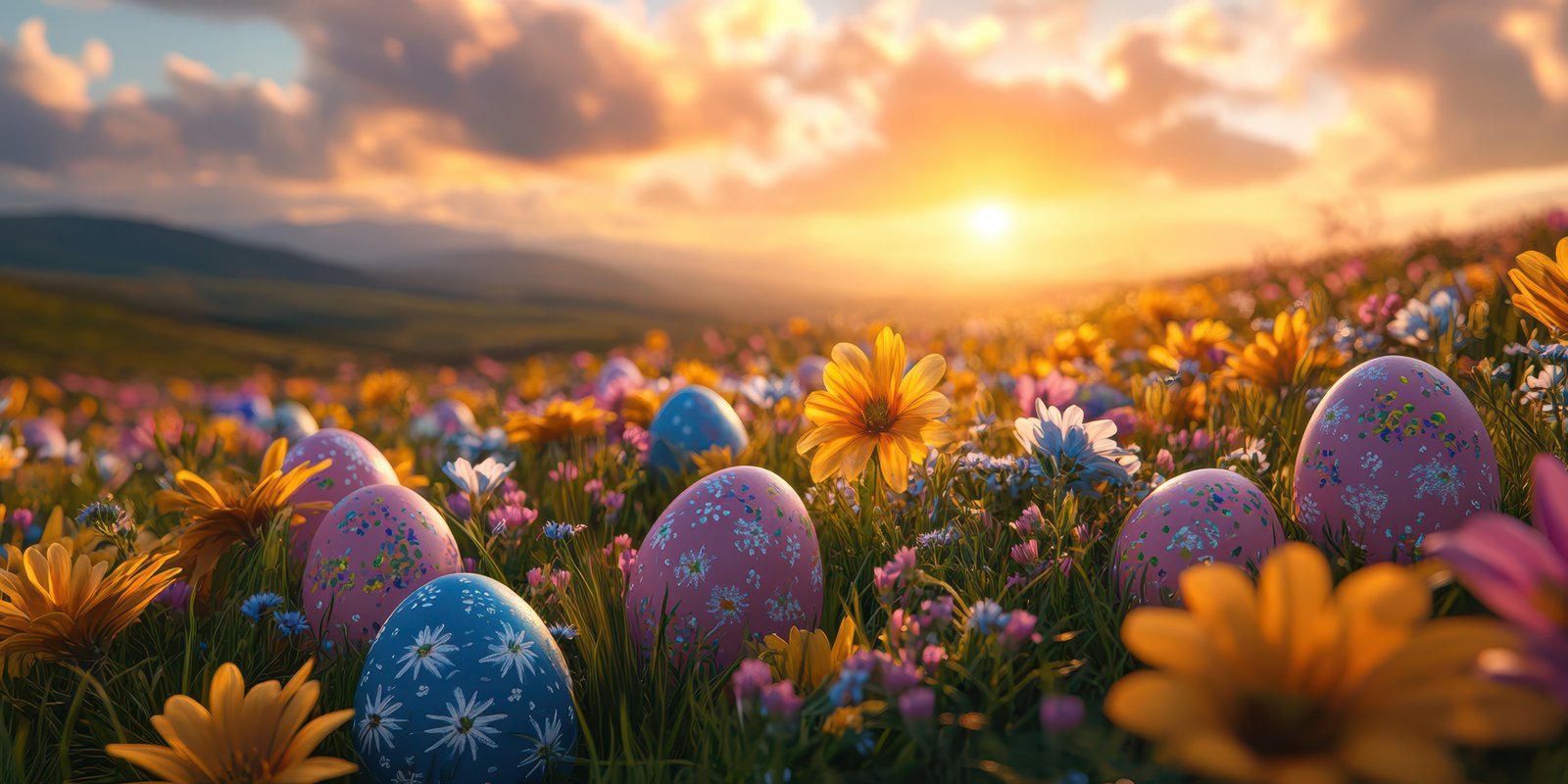 Colorful Easter eggs nestled among vibrant wildflowers at sunset over a serene landscape